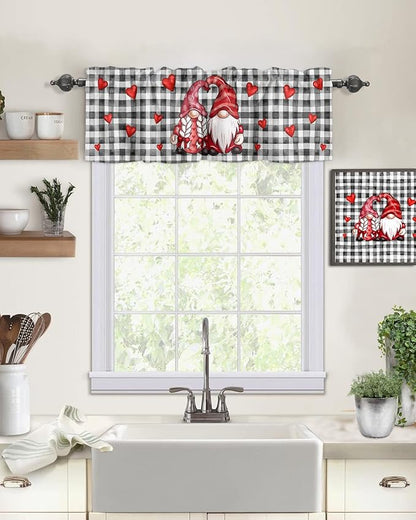 Valentines Day Gnomes Lovers Valances Kitchen Curtains for Windows,Buffalo Plaid Hearts Rod Pocket Valances Wedding Valentines Decoration Short Curtains for Bedroom/Living Room,54" X 18" -1 Panel