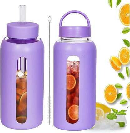 25oz Glass Water Bottles，glass tumbler with straw and 2 lid，Glass Cup with Lid and Straw(BPA Free)，Water Bottle with Handle for Outdoor Sports and Home Use.