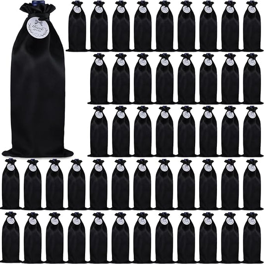 Windyun 50 Pcs Satin Wine Bags Wine Bottle Bags with Thank You Tags Reusable Satin Drawstring Bags for Travel Christmas Wedding Birthday Holiday Party Housewarming Gift Giving Home Storage (Black)