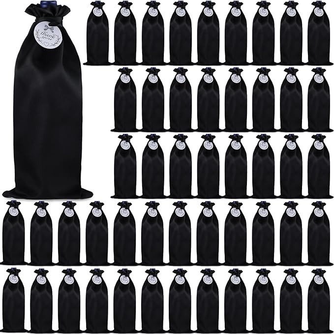 Windyun 50 Pcs Satin Wine Bags Wine Bottle Bags with Thank You Tags Reusable Satin Drawstring Bags for Travel Christmas Wedding Birthday Holiday Party Housewarming Gift Giving Home Storage (Black)