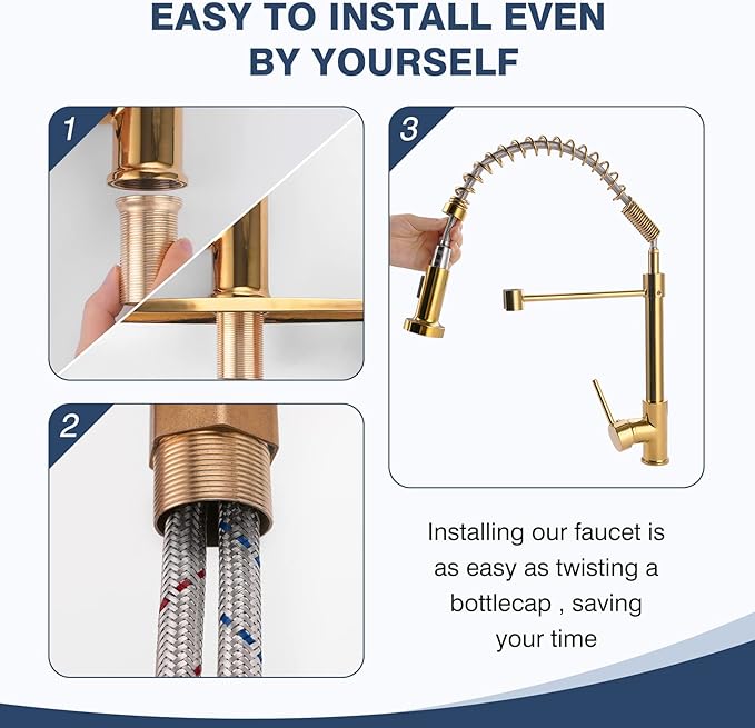 Utility Single Hole Kitchen Faucet with Pull Down Spray, Polished Gold