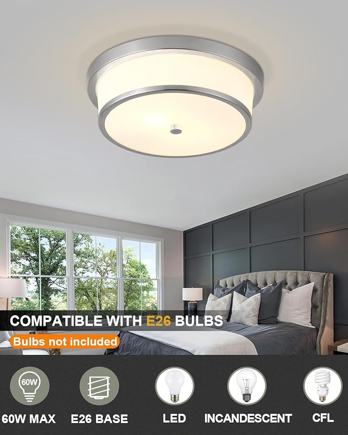 12 inch Flush Mount Ceiling Light, 2-Light Close to Ceiling Light Fixtures with Oil Rubbed Bronze Finish for Bathroom Bedroom Kitchen Hallway (Brushed Nickel)