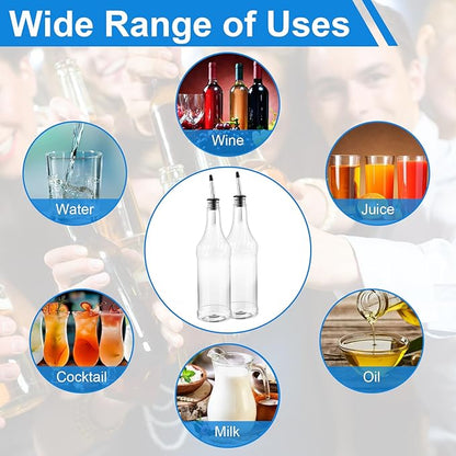 12 Pieces 32oz Plastic Long Neck Bottles with Pourer and Caps, Plastic Juice Pour Bottles with Stainless Steel Bottle Pourer, Clear Empty Syrup Liquor Bottles with Tapered Spout for Bar