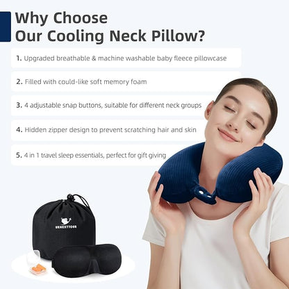 Travel Pillow, Neck Pillow Airplane Memory Foam with Sleep Mask Earplugs, Soft & Support Fleece Airplane Pillow for Travelling Plane Car Train Home Use, Navy