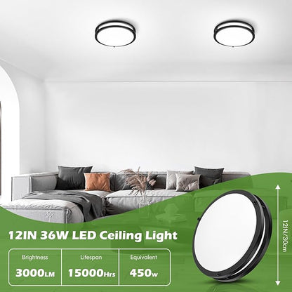 2-Pack 36W LED Flush Mount Ceiling Lights, 3000LM Black Ceiling Light Fixtures, 5 Color in One (2700K/3000K/4000K/5000K/6500K), 12'' Modern Round Ceiling Lamp for Kitchen Hallway Stairwell Offices