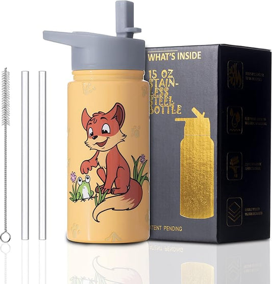 15oz Fox Water Bottle Insulated Stainless Steel, Metal Flask for Boys With Straws and Brush, Christmas Hand Wash Only