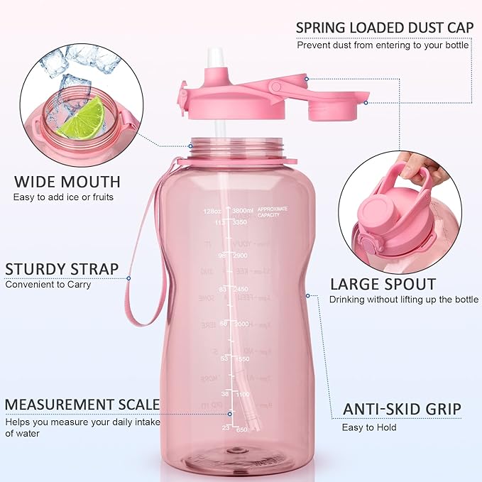 1 Gallon Water Bottle with Sleeve-128 oz BPA Free Large Leakproof Sport Plastic Motivational Water Bottle with Straw & Strap & Insulated Neoprene Holder Carrier Bag-Big Gym Water Jug for Women Men