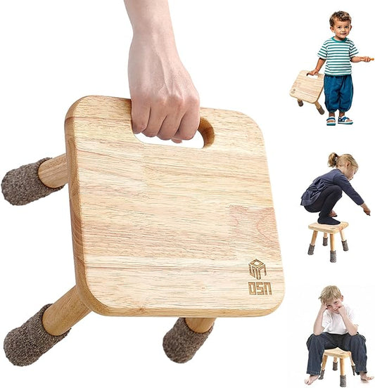 9.5 inch Small Wooden Step Stool with Hollow Handles & Anti-Slip Feet, Sturdy Wood Stepping Foot Stools for Bathroom and Kitchen for Adults and Toddlers, MAX 300lbs.