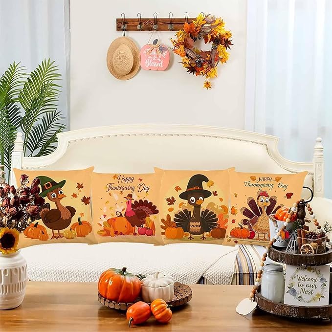 Fall Decorations for Home, Fall Pillow Covers 18x18 Set of 4, Thanksgiving Decorations Autumn Cushion Case for Couch(Fall09)