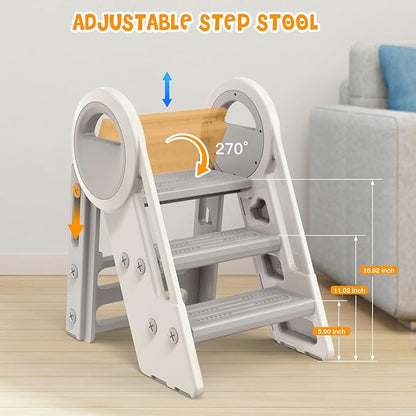 3 Step stools for Kids, Toddler Tower, Toddler Step Stool for Bathroom Sink, Kitchen Counter Helper, Toilet Potty Training, with Safety Handles and Non-Slip Desgin (Grey-White)