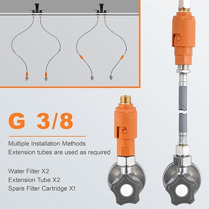 2 Pack Sediment Water Filter G 3/8 (9/16") with Hose, Conncet Angle Valve, 35 Micron Reusable Under Sink Inline Water Filter with 12in Extension Tube, Compression Fitting for Bathroom Kitchen