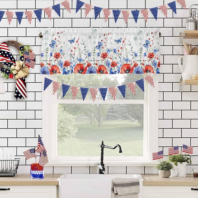 Vandarllin Summer 4th of July Kitchen Curtains Valances for Windows Patriotic Poppy Flowers Eucalyptus Rod Pocket Window Treatment for Kitchen/Living Room/Bedroom/Bathroom, 42" X 12", Blue Red