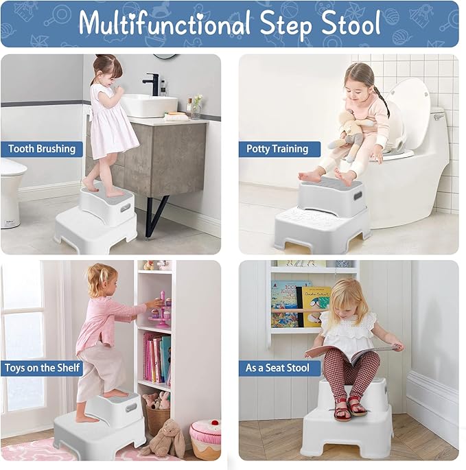 2 Step Stool for Kids and Toddler,Anti-Slip Sturdy Bathroom Toilet Step Stools,Double up Step Stool with Soft Grips,for Potty Training,Sink,Kitchen(White)