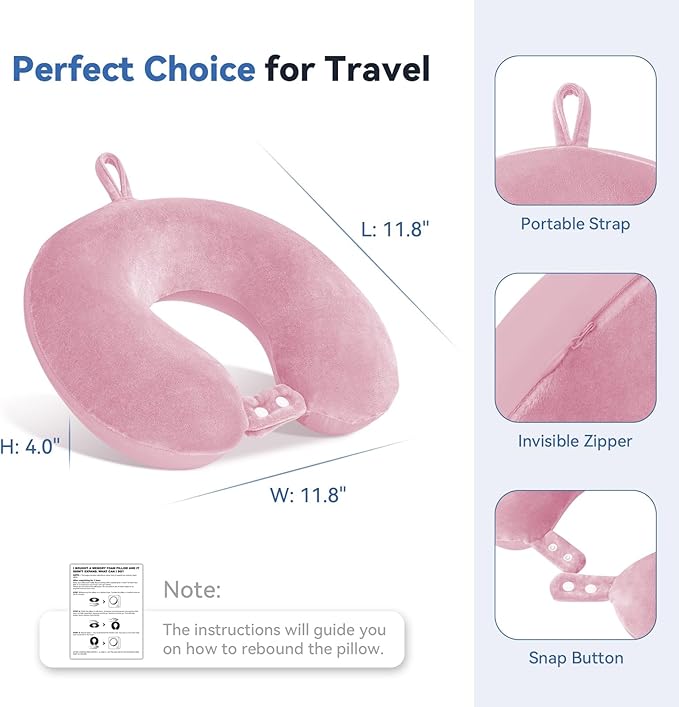 Cooling Travel Pillow, Neck Pillow Airplane Memory Foam Double-Side with Sleep Mask Earplugs, Soft & Support Airplane Pillow for Travelling Plane Car Train Home Use, Pink