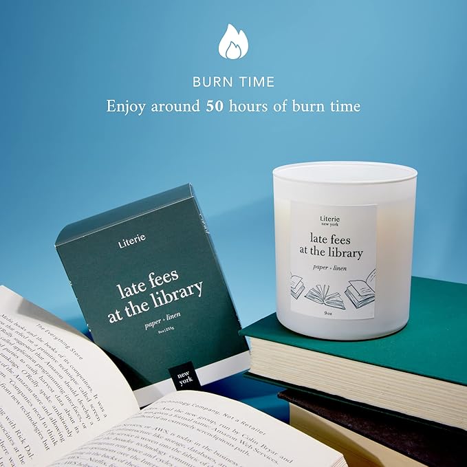 NYC Inspired Scented Candle: Late Fees at The Library - Paper & Linen Scent, 9oz, 50 Hour Burn, Vegan Soy & Coconut Blend Candle for Home Decor, Gift for Women & Men