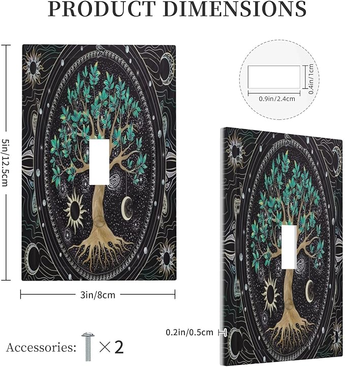 Tree of Life Blackground 1 Gang Light Switch Cover Decorative Hippie Sun Moon Star Single Toggle Wall Plate Switchcovers Electrical Switchplate Home Decor for Bathroom Living Room Bedroom Decorate