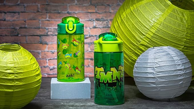 Zak Designs Teenage Mutant Ninja Turtles Kids Water Bottle For School or Travel, 16oz 2 Count (Pack of 1) Durable Plastic Water Bottle With Straw, Handle, and Leak-Proof, Pop-Up Spout Cover (TMNT)