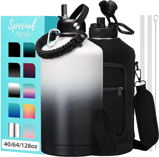 1 Gallon Water Bottle Insulated - 128 oz Water Jug with Straw Spout Lid, Paracord Handle, Carrying Bag, Protective Cup Mat, Big Stainless Steel Water Bottles, Metal Canteen for Camping Sports Gym