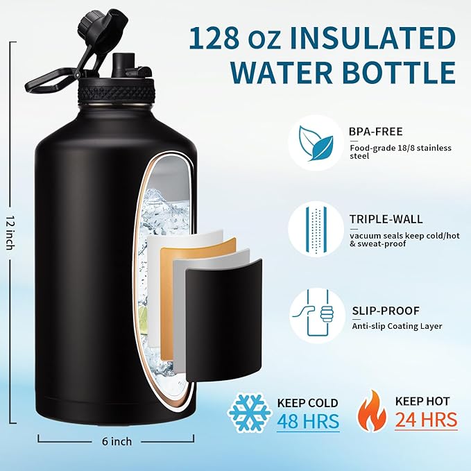 1 Gallon Insulated Water Bottle with Straw - 128oz 64oz Water Jug with Handle Paracord, Straw Spout Lids, Bottle Carrier, Triple Walled Stainless Steel Hydro Bottle, Metal Gallon Water Bottle Large