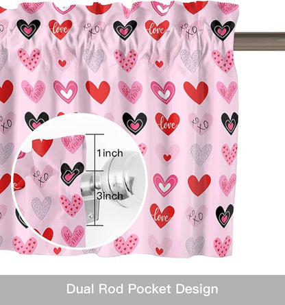 Vandarllin Valentines Day Valances Kitchen Curtains for Windows, Valentines Decor Rod Pocket Valances Red Pink Hearts Home Decorations Short Curtains for Bedroom/Living Room,54" X 18" -1 Panel