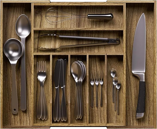 Acacia Wood Kitchen Silverware Drawer Organizer, Expandable Utensil Cutlery Drawer Organizer with Dividers, Flatware Organizer Silverware Tray for Spoon, Fork, 13''-20''x16.9'' (7-9 Slots)