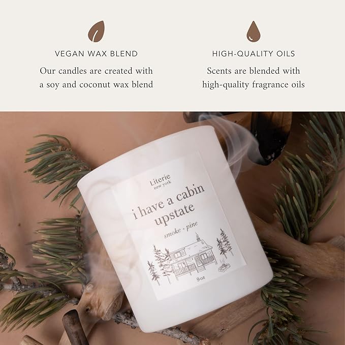 NYC Inspired Scented Candle: I Have a Cabin in Upstate - Smoke & Pine Scent, 9oz, 50 Hour Burn, Vegan Soy & Coconut Blend Candle for Home Decor, Gift for Women & Men