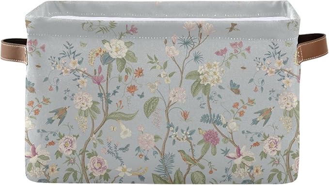 Vintage Floral Leaves Bloom Gray Storage Basket Fabric Kitchen Baskets Pastel Colors Spring Flowers Birds Open Home Storage Bins Boxes Foldable Organizer Bag for Toy Book Shelf 16×12×8 Inches