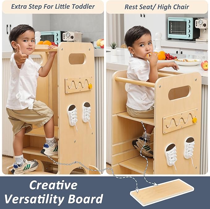 Toddler Tower 4 in 1 Toddler Kitchen Stool Helper Adjustable Standing Tower for Kitchen Counter with Slide, Chalkboard, Montessori Activities