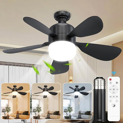 JTT Socket Fan Light with Remote - Screw in Ceiling Fan Light LED Bulb Fan with 3 Speed, 3000/4000/6000K Selectable and Adjustable Brightness Settings Socket Fan for Bedroom Living Room Kitchen Garage