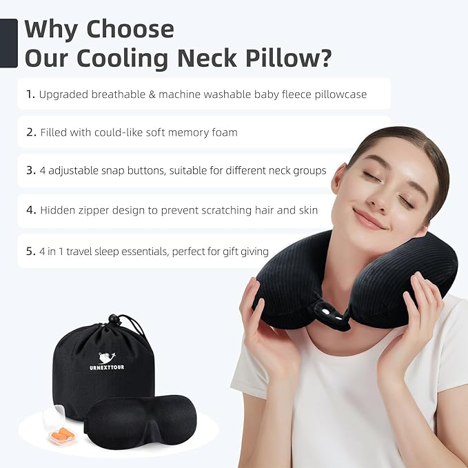 Travel Pillow, Neck Pillow Airplane Memory Foam with Sleep Mask Earplugs, Soft & Support Fleece Airplane Pillow for Travelling Plane Car Train Home Use, Black