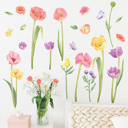 Mfault Spring Large Tulip Flower Wall Decals Stickers, Summer Colorful Garden Floral Butterfly Decorations Bedroom Art, Watercolor Leaves Seasonal Home Living Room Kitchen Decor Gift