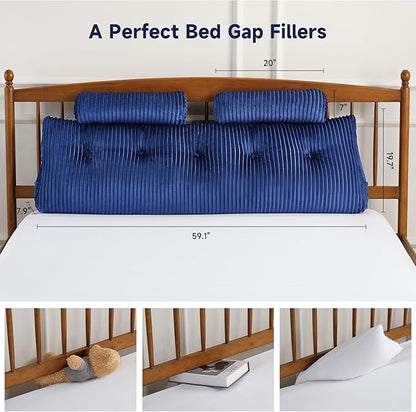 Z-hom Queen Triangular Headboard Pillow, Queen Size Wedge Headboard Pillow with 2 Roll Pillows, Queen Bed Reading Pillows Large Backrest Wedge Pillow (Blue, Queen: 60”x20”x8”)