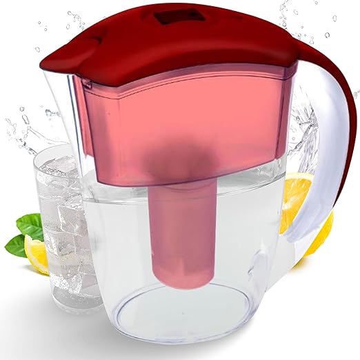 2.4L LTS Filtered Water Pitcher with Filter Change Indicator - Tap Drinking Water Purifier - Secure Lid Technology - Water Jug for Dorm, Kitchen, Fridge - Clean, Refreshing Taste - Red