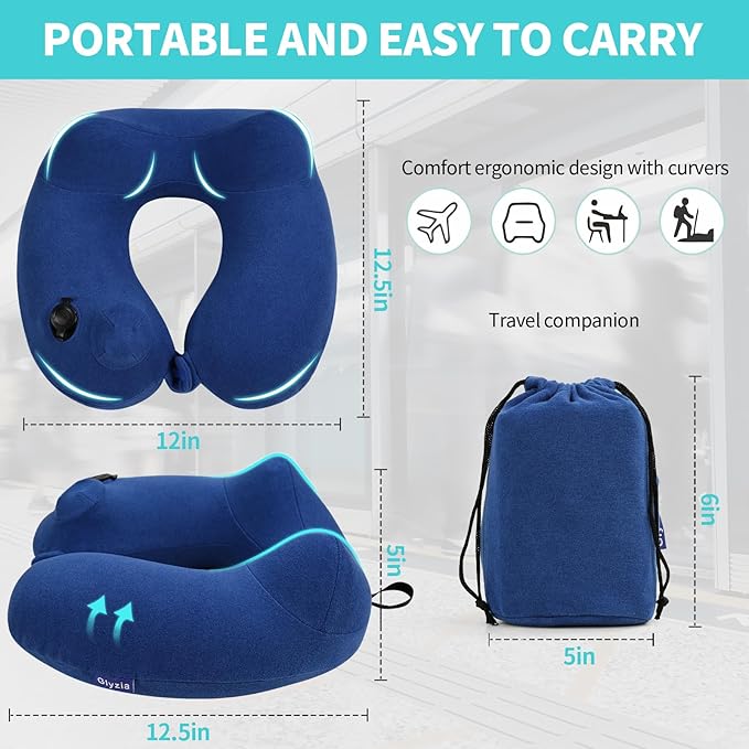 2 Pack Inflatable Travel Neck Pillow for Airplane, 360° Head Support Velvet Adult Neck Pillow for Long Flight, Removable Washable Cover, Kit with Eye Masks, Earplugs & Storage Bag, Navy Blue