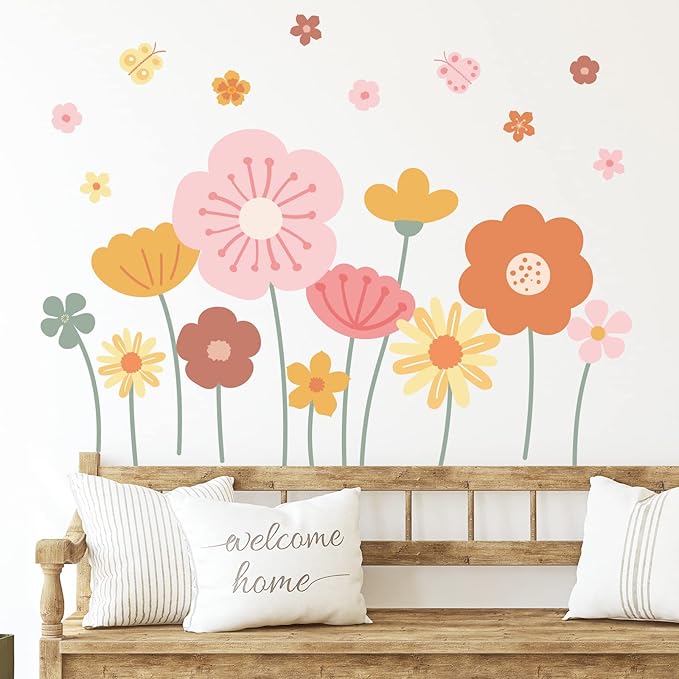 Zonon Flowers Wall Decals Vinyl Dragonflies Flowers Wall Stickers Removable Floral Wall Murals Peel and Stick Colorful Flower Wall Decor for Bedroom Living Room Nursery(Cute)