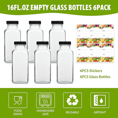 16 oz Juicing Bottles Reusable Glass 6 Pack, Square Glass Juice Bottles with Lids & Stickers,Clear Empty Glass for Beverages, Jams, Kombucha, Milkshakes,Oils or Spices(16fl.oz,set of 6)