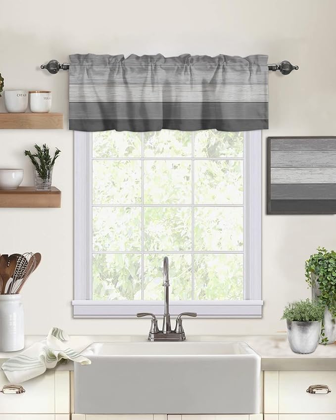 Vandarllin Farmhouse Kitchen Curtains Valances for Windows, Grey Kitchen Curtains Valances for Windows Rod Pocket Country Window Treatment for Kitchen/Living Room/Bedroom/Bathroom,42" X 12" -1 Panel,