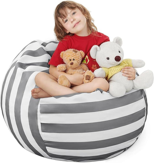 EXQ Home Kids Bean Bag Chairs Cover (No Filler) -Stuffed Animal Bean Bag Storage Grey and White Stripes-Zipper Bean Bag for Organizing Children Plush Toys Holiday Gift for Girl,Boys