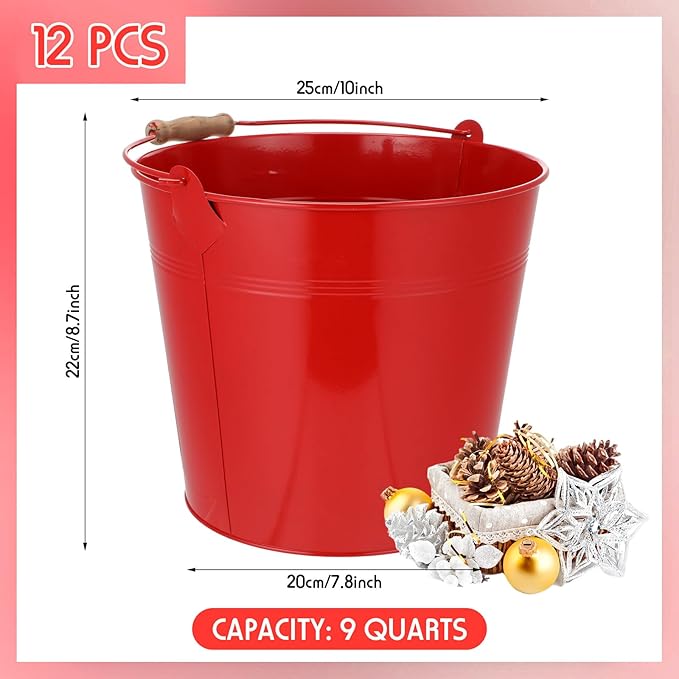 12 Pcs Large Galvanized Metal Buckets with Handle 10 Inch Heavy Duty Stainless Steel Pails Round Pail for Party Wedding, Crafts, Utensils, Table Centerpieces (Red)