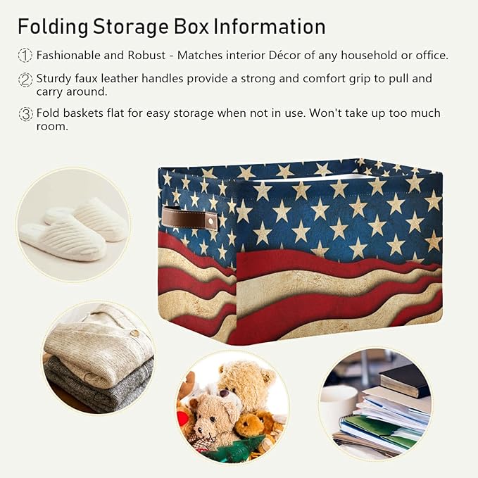 America Usa Flag Storage Basket Large Collapsible Storage Cube Bin Rectangular Laundry Organizer with Leather Handles for Nursery Shelf Bedroom Home, 1Pc