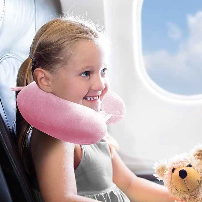 Neck Pillow Airplane, Kids Travel Pillow Memory Foam, Soft & Support Travel Neck Pillow for Travelling Sleeping Plane Car Train and Home Use, Pink