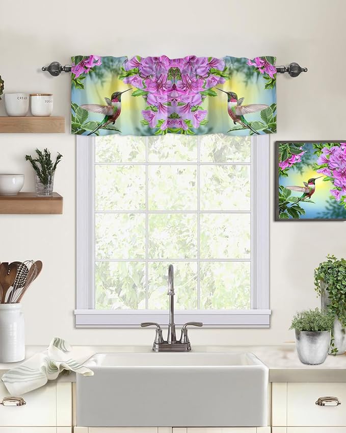 Vandarllin Pink Flowers Kitchen Curtains Valances for Windows Hummingbird Rod Pocket Window Treatment for Kitchen/Living Room/Bedroom/Bathroom,42" X 12" -1 Panel,