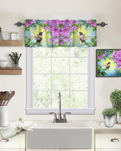 Vandarllin Pink Flowers Kitchen Curtains Valances for Windows Hummingbird Rod Pocket Window Treatment for Kitchen/Living Room/Bedroom/Bathroom,42" X 18" -1 Panel,