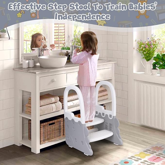 Toddler Step Stool for Bathroom Sink, Ronipic 2 Step Stools for Kids, Anti-Slip Stool for Kitchen Counter, Potty Training Toilet Stool with Handrail