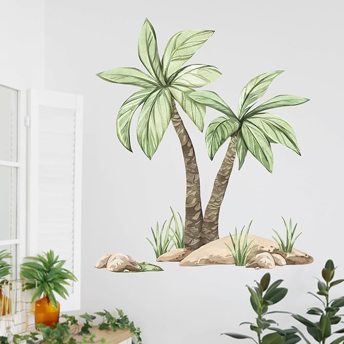 Mfault Summer Palm Tree Wall Decals Stickers, Spring Coconut Tree Tropical Hawaii Living Room Decorations Bedroom Art, Green Plants Home Kitchen Decor