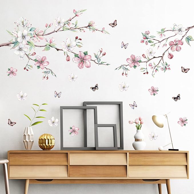 AM AMAONM Removable 3D Ink Style Brown Tree Branches and Pink WhiteFlower Wall Decals Plum Blossom Flowers and Butterfly Wall Sticker Peel and Stick Wall Decor for Home Walls Living Room Kids Baby