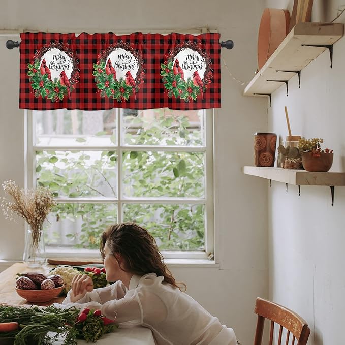 Vandarllin Merry Christmas Kitchen Curtains Valances for Windows Winter Cardinal Holly Berries Rod Pocket Window Treatment for Kitchen/Living Room/Bedroom/Bathroom,60" X 18" -1 Panel, Red Black Plaid