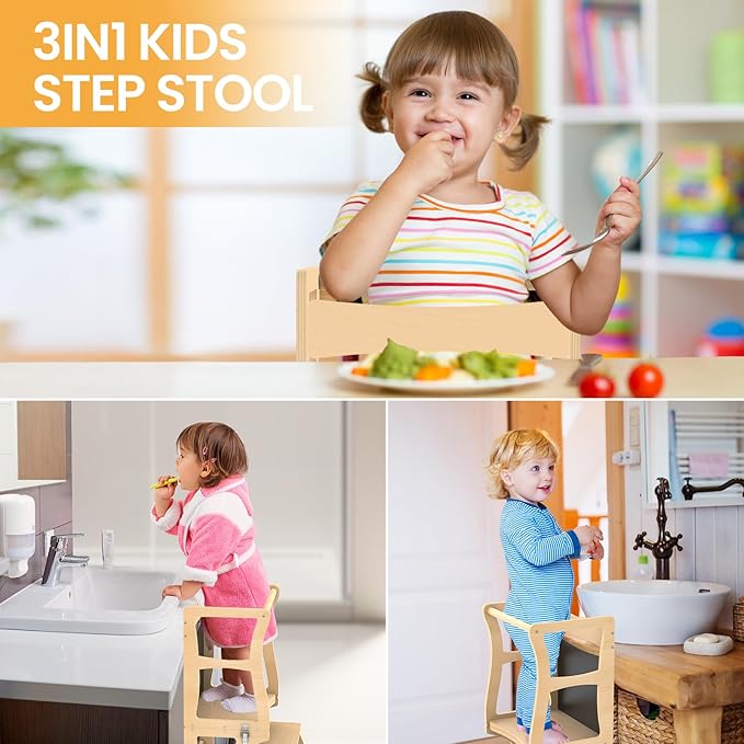 Toddler Tower, Kitchen Stool Helper for Toddlers, Learning Wooden Tower with Chalkboard and Backrest, 3 in 1 Kitchen Standing Tower, Foldable Weaning Table with Safety Rail, Step Stool Montessori