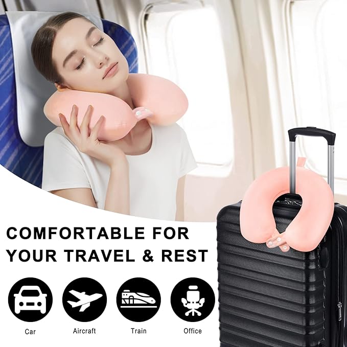 Travel Neck Pillow Airplane, Soft Memory Foam Support Head Neck Chin, with Removale Cover and Adjustable Snap Button, Comfortable Sleeping in Plane Car Train Traveling Office Home, Pink