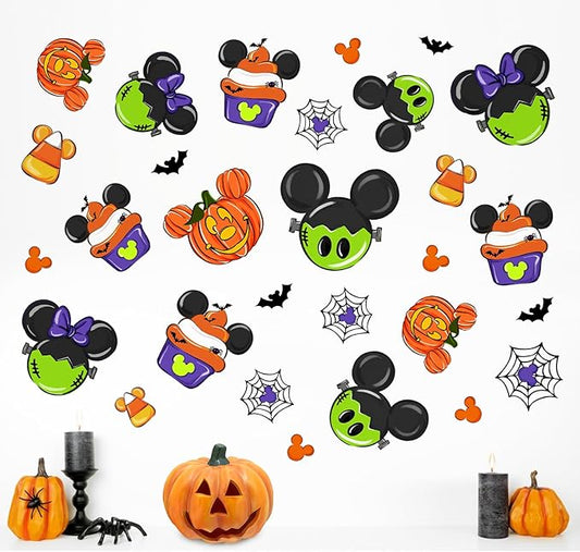 Mfault Halloween Cartoon Mouse Wall Decals Stickers, Jack O Lantern Pumpkin Cupcake Decorations Bedroom Art, Spider Web Bat Funny Holiday Home Kitchen Decor